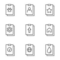 Set of signs for UI, adverts, books drawn in line style. Editable stroke. Icons of paw, user, star, gear, arrow, drop, house, checkmark, globe on clipboard vector