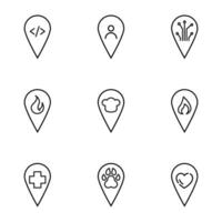 Set of signs for UI, adverts, books drawn in line style. Editable stroke. Icons of programming, user, chip, fire, chef, medical cross, paw, heart inside of map pin vector
