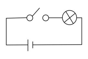 Electrical circuit hand drawn doodle vector illustration black outline. Back to school theme element.  Physics science. lamp switching scheme.