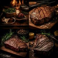 A steak on a cutting board with herbs and spices. generative ai. photo