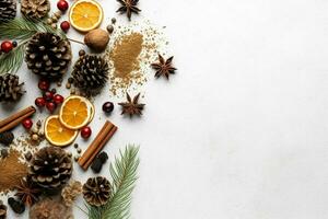 Christmas tree with cones, Christmas decorations on a white background.  copy space top view. generative ai. photo