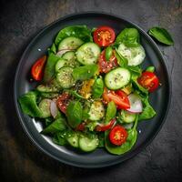 Healthy green salad with fresh tomato, cucumber, red onion and lettuce in bowl on dark stone background. Top view. generative ai. photo