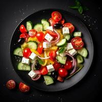 Healthy green salad with fresh tomato, cucumber, red onion and lettuce in bowl on dark stone background. Top view. generative ai. photo