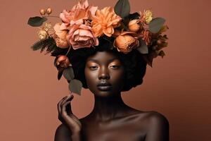 Beautiful as flower Attractive young African woman looking at camera and covering eye with a flower while standing against grey background, Generative AI photo