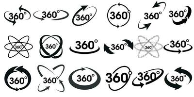 360 degree views of vector circle icons set isolated from the background. Signs with arrows to indicate the rotation or panoramas to 360 degrees. Vector illustration.