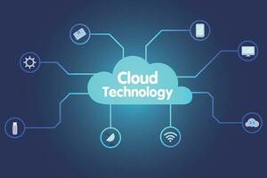 Cloud technology for connecting devices. Cloud data exchange service. Internet of Things and network concept for connected devices. Web of network connections. Vector illustration