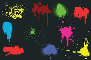 Color paint splatter. Color inked splatter stain splattered spray splash. Spray paint elements isolated on black Background. Drips multicolored ink splatters, Ink blots set. Isolated illustration vector