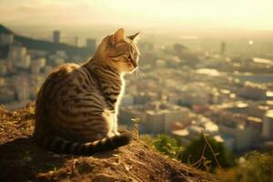 Portrait of a cat with a blurred background of the view of city. generative ai. photo