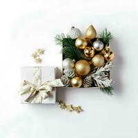 An arrangement of of gold and silver Christmas decorations Gift box on white background. Flat lay. Copy space. with generative Ai. photo