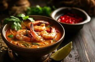 Tom Yam Kung ,Prawn and lemon soup with mushrooms, thai food in bowl. Generative Ai. photo