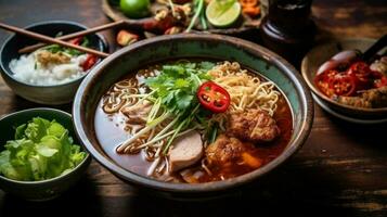 thai style noodle soup and red pork on table. generative ai. photo