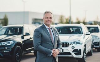 Confident in his choice Mature grey hair man in formalwear standing in front of car and looking at camera, Generative AI photo