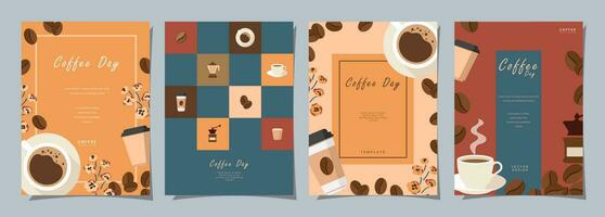 conjunto de bosquejo pancartas con café frijoles y hojas en vistoso antecedentes para póster o otro modelo diseño. vector ilustración.