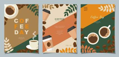 conjunto de bosquejo pancartas con café frijoles y hojas en vistoso antecedentes para póster o otro modelo diseño. vector ilustración.