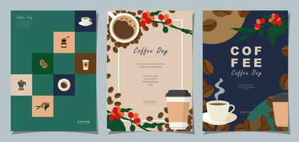 conjunto de bosquejo pancartas con café frijoles y hojas en vistoso antecedentes para póster o otro modelo diseño. vector ilustración.