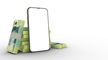 3D rendering of a mobile phone with  blank screen and stacks of Uruguayan peso notes behind isolated on transparent background. png