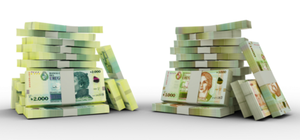 3d rendering of Stacks of 2000 and 1000 Uruguayan peso notes. bundles of Uruguayan currency notes isolated on transparent background png