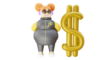 3D illustration. Young Girl 3D Cartoon Character. A rich girl is standing next to a giant gold dollar sign. A successful girl who puts her hands behind her body. 3D cartoon character png