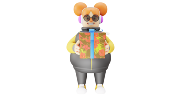 3D illustration. Romantic Girl 3D Cartoon Character. Cute girl standing while holding gift box. Girl looks fat because she wears a thick jacket. Adorable girl showing her smile. 3D cartoon character png