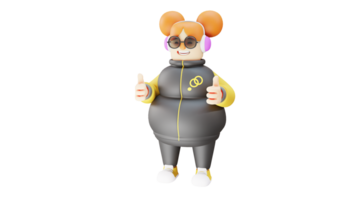 3D illustration. Fat Girl 3D Cartoon Character. Fat girl using glasses and headphones. Cute girl smiling happily. Fat girl showing her two thumbs up sign. 3D cartoon character png