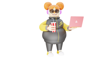 3D illustration. Cute Girl 3D Cartoon Character. Girl is standing and carrying a laptop to do her homework. Adorable girl with two pigtails. Girl holding soft drink while smiling. 3D cartoon character png