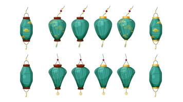 Vector set of turquoise Chinese lanterns with and without ornaments. Symbol of Chinese New Year, Mid-Autumn Festival, Lantern festival. Cartoon style isolated illustrations for compositions and cards