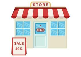 Store facade with sale discount flat design. Shop clipart vector illustration on white background