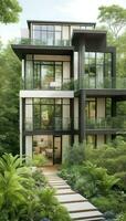 AI Generated. AI Generative - Harmonious Dwelling - A Three-Story Haven of Modern Living and Natural Tranquility photo