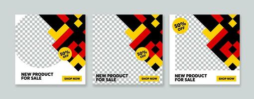 Set of Editable minimal square banner template. Black, red and yellow background color with stripe line shape. Suitable for social media post and web internet ads. vector