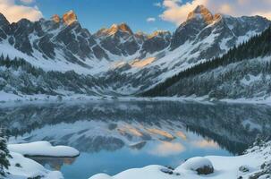 AI Generated. AI Generative - Awe-Inspiring Mountain Landscape with Snow-Capped Peaks and Reflective Alpine Lake photo