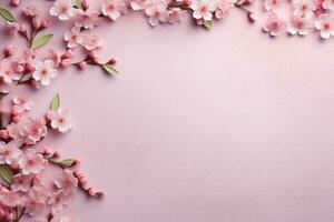 pink flowers in flatlay on pink background with copy space, top view. generative ai. photo
