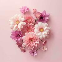 pink flowers in flatlay on pink background with copy space, top view. generative ai. photo