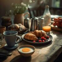 sano desayuno conjunto en mesa. el concepto de delicioso y sano alimento. generativo ai. foto