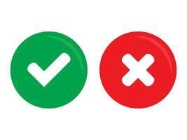 Green tick and red cross checkmarks in circle flat icons. Yes or no symbol, approved or rejected icon for user interface. vector