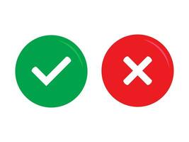 Green tick and red cross checkmarks in circle flat icons. Yes or no symbol, approved or rejected icon for user interface. vector