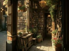 ai generado. ai generativo - viaje a el pasado - explorador un acogedor Clásico librería en un encantador callejón foto