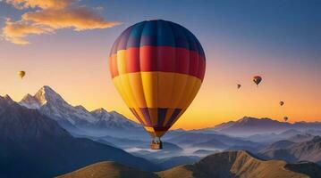 AI Generated. AI Generative - Ascending Dreams - Hot Air Balloon and Majestic Mountain Sunrise photo