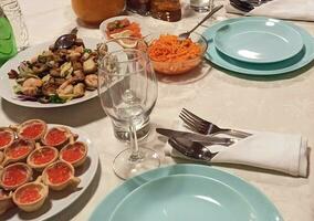 Glassware on a served table in a restaurant lined up perspective photo