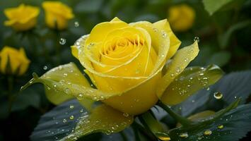 AI Generated. AI Generative - Capturing the Essence of Botanical Beauty A Mesmerizing Yellow Rose Adorned with Glistening Dewdrops photo