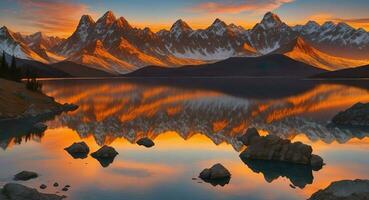 ai generado. ai generativo - un cautivador viaje en medio de majestuoso montañas, reflexivo lago, y radiante horizonte foto