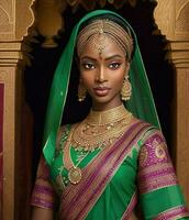 ai generado. ai generativo - cultural fusión cuento - nigeriano belleza en bangladeshi sari armonía foto