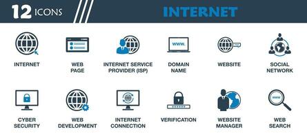 Internet Icon Set. Collection of Internet Connection, Website, Web Page, ISP, Social Network, Cyber Security, Domain Name and More Icons. Editable Flat Vector Illustration.