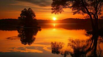 AI Generated. AI Generative - Golden Hour Reflection - Serene Lakeside Sunset and Calm Ripples photo