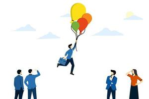 concept of stand out skills to be different from others, successful leader with winning strategy, smart businessman flying in a balloon suit compared to other competitors or recruiting candidates. vector