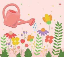 watering can with flowers and leaves on a pink background vector