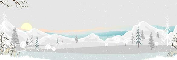 Navidad fondo, perfecta modelo invierno paisaje amanecer con Nevado cubierto en montaña y bosque árbol.vector dibujos animados horizonte invierno mundo maravilloso con tormenta de nieve con puesta de sol, nueva año bandera vector