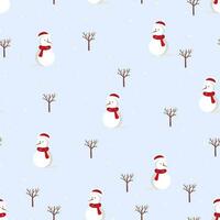 Seamless snowman with pine tree and snowflakes on blue background,Cute winter cartooon repeat pattern background for wrapping paper, gift, ornaments on Christmas or New Year vector