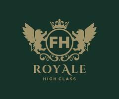 Golden Letter FH template logo Luxury gold letter with crown. Monogram alphabet . Beautiful royal initials letter. vector