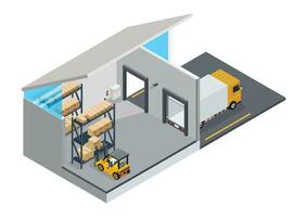 Isometric warehouse, shipment of goods carried out with a forklift vector