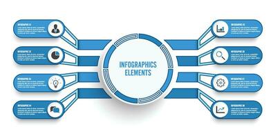 infografía modelo con 3d papel etiqueta, integrado círculos negocio concepto con 8 opciones para contenido, diagrama, diagrama de flujo, pasos, partes, cronograma infografía, flujo de trabajo, cuadro. vector